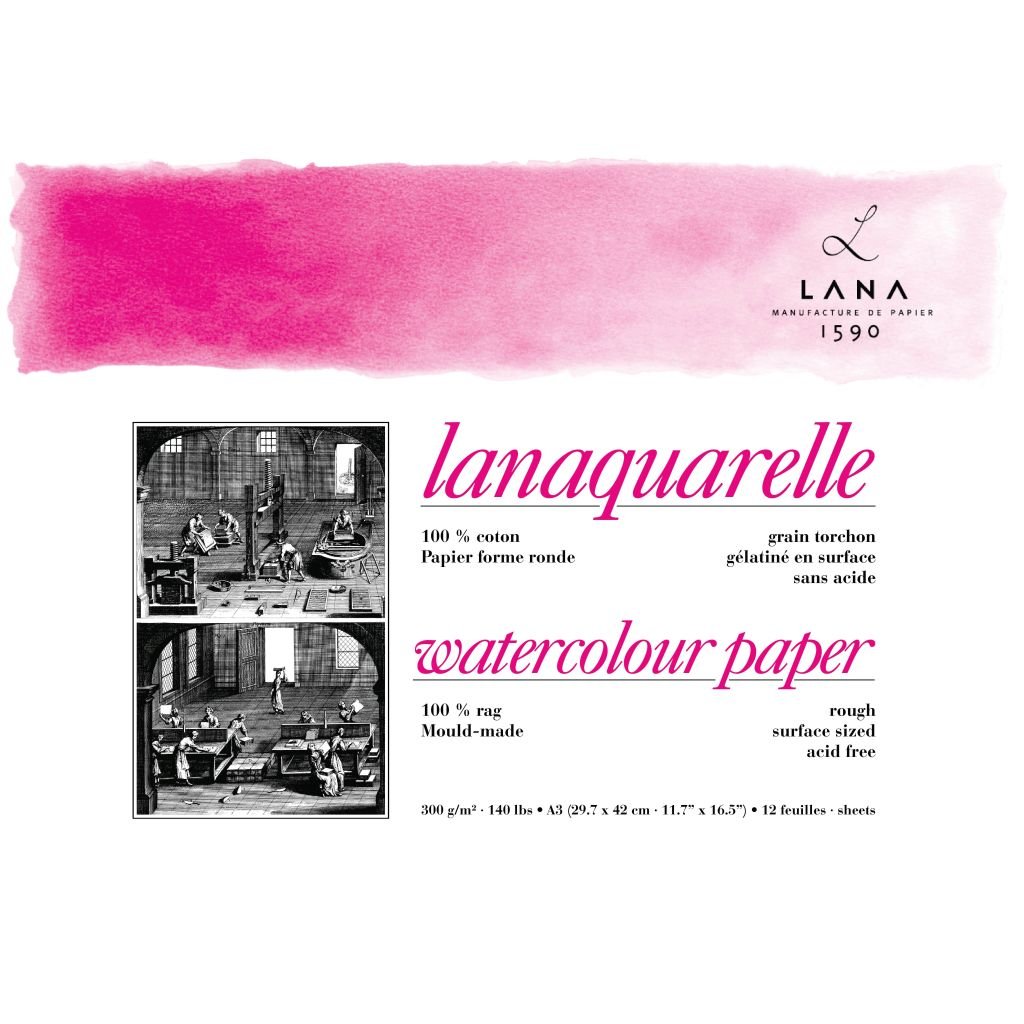 Lana Artists' Watercolour - Lanaquarelle - A3 (29.7 cm x 42 cm) Natural White Rough Grain 300 GSM Paper, Short Side Glued Pad of 12 Sheets