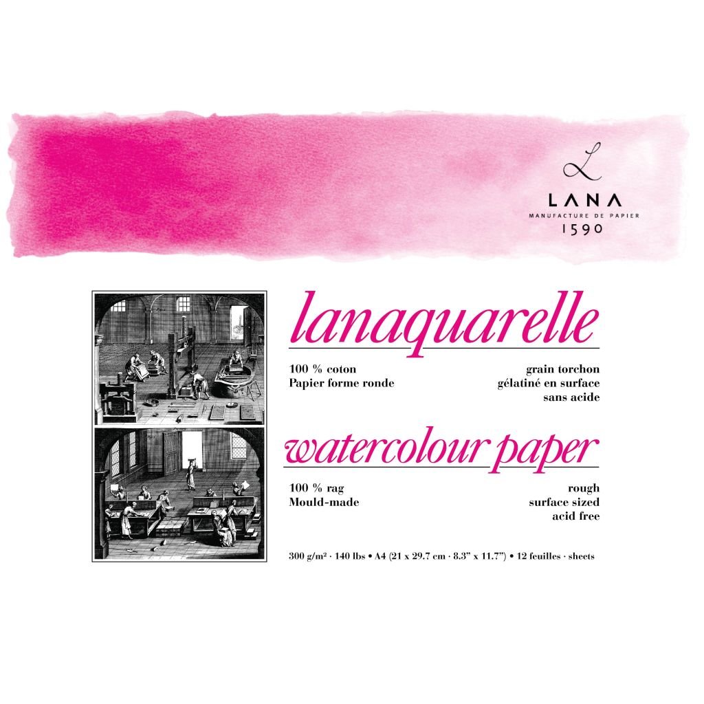 Lana Artists' Watercolour - Lanaquarelle - A4 (21 cm x 29.7 cm) Natural White Rough Grain 300 GSM Paper, Short Side Glued Pad of 12 Sheets