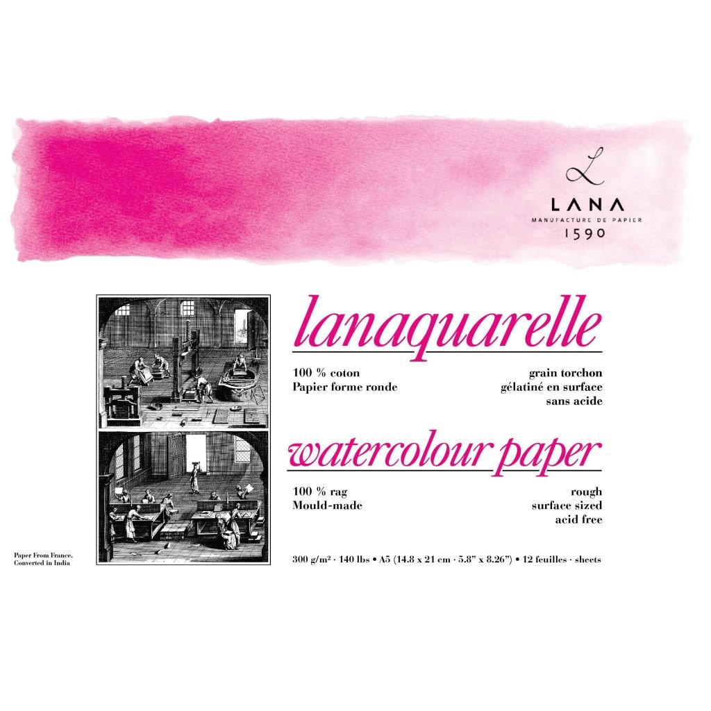 Lana Artists' Watercolour - Lanaquarelle - A5 (14.8 cm x 21 cm) Natural White Rough Grain 300 GSM Paper, Short Side Glued Pad of 12 Sheets