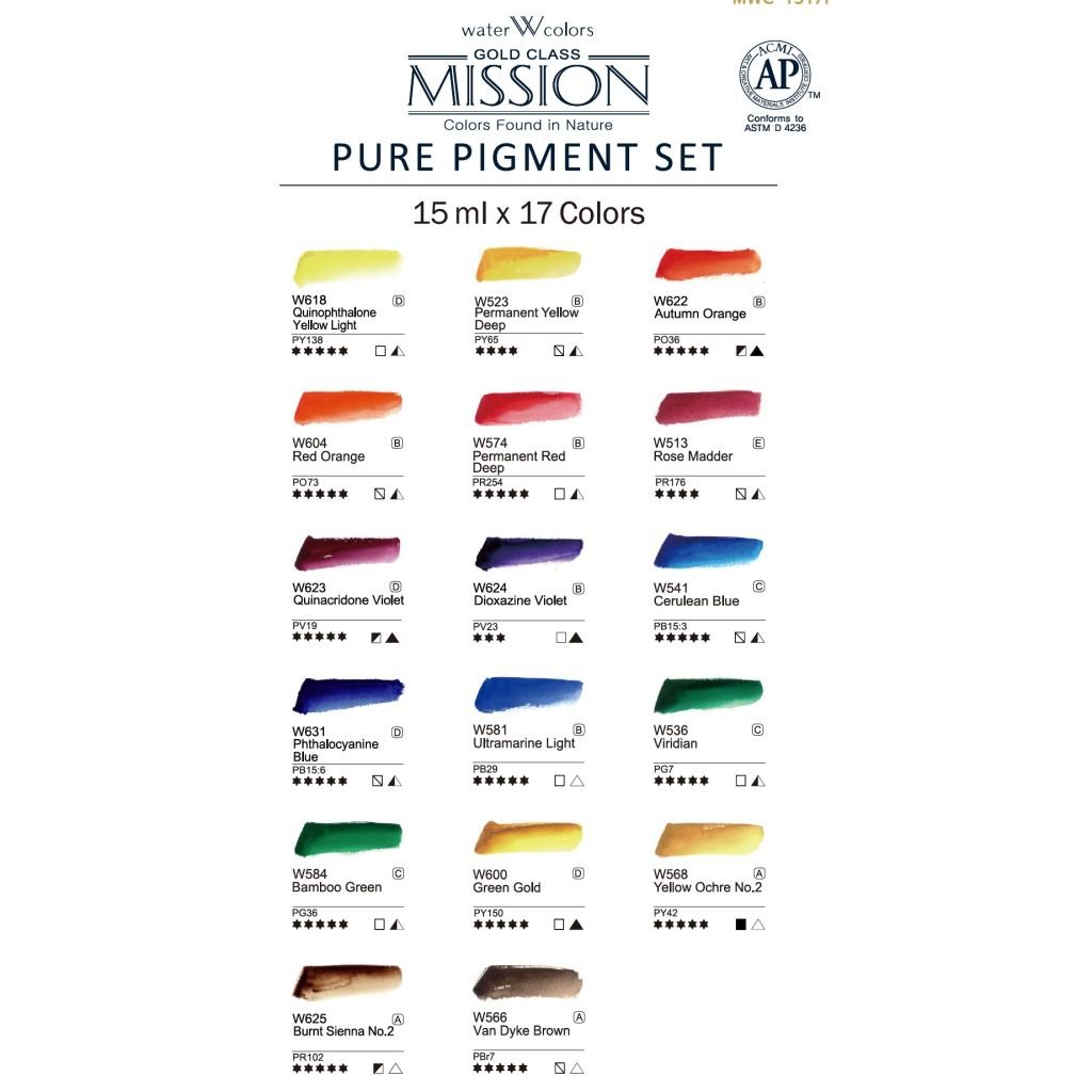 Mijello Mission Gold Class Pure Pigment Professional Grade Extra-Fine Watercolour - Set of 17 X 15 ml Tubes