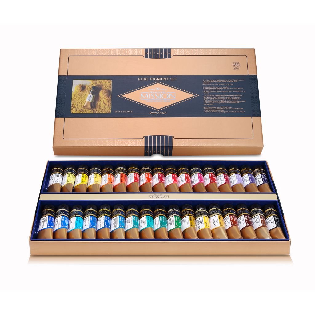 Mijello Mission Gold Class Pure Pigment Professional Grade Extra-Fine Watercolour - Set of 34 X 15 ml Tubes