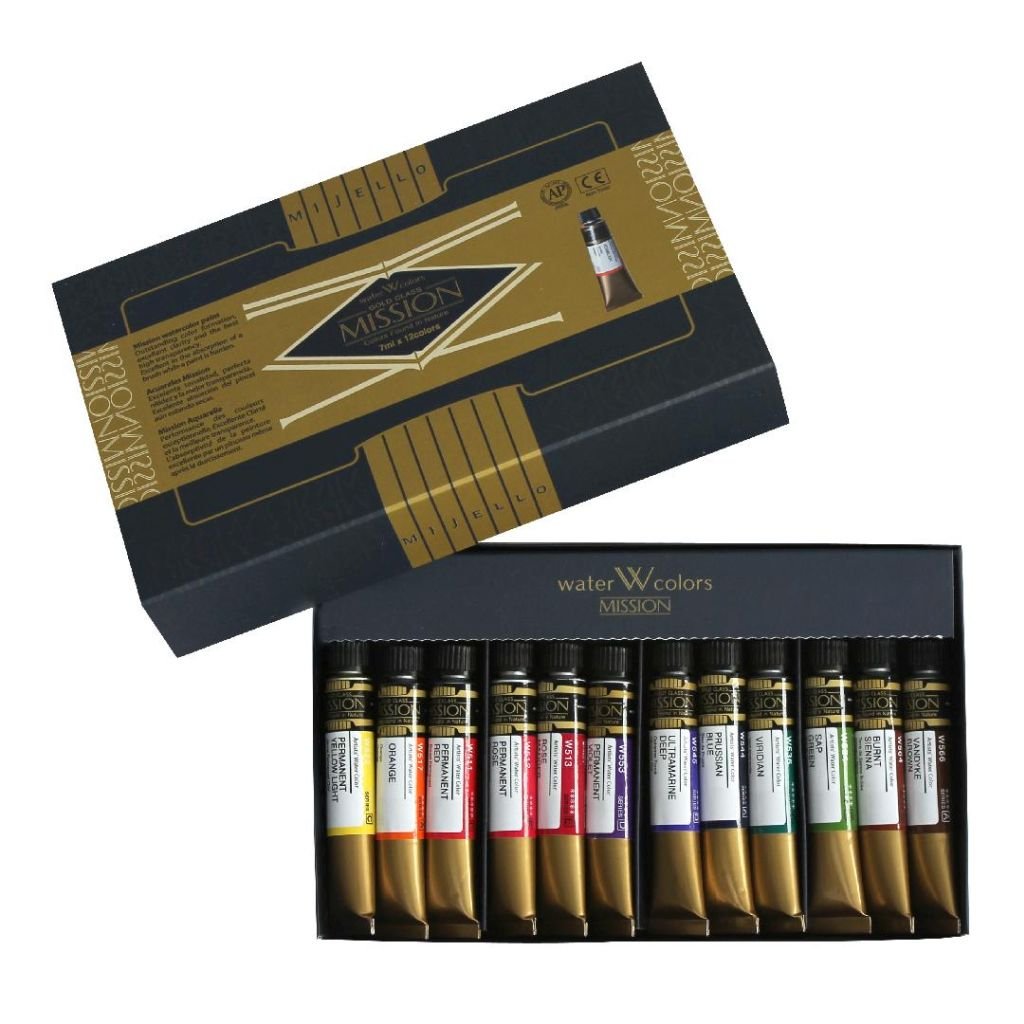 Mission Gold Professional Grade Extra-Fine Watercolour  - Set of 12 Tubes x 7 ML