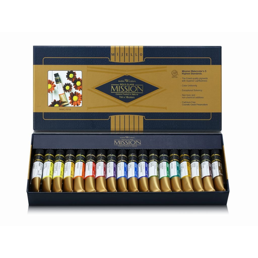 Mission Gold Professional Grade Extra-Fine Watercolour  - Set of 18 Tubes x 7 ML