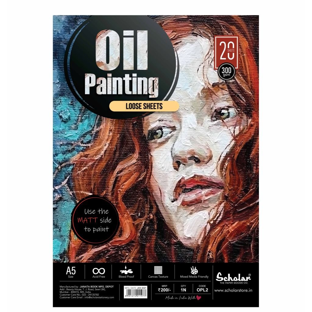 Scholar Artists' Oil Painting - A5 (14.8 cm x 21 cm or 5.8 in x 8.3 in) Natural White Canvas Texture 300 GSM, Poly Pack of 20 Sheets