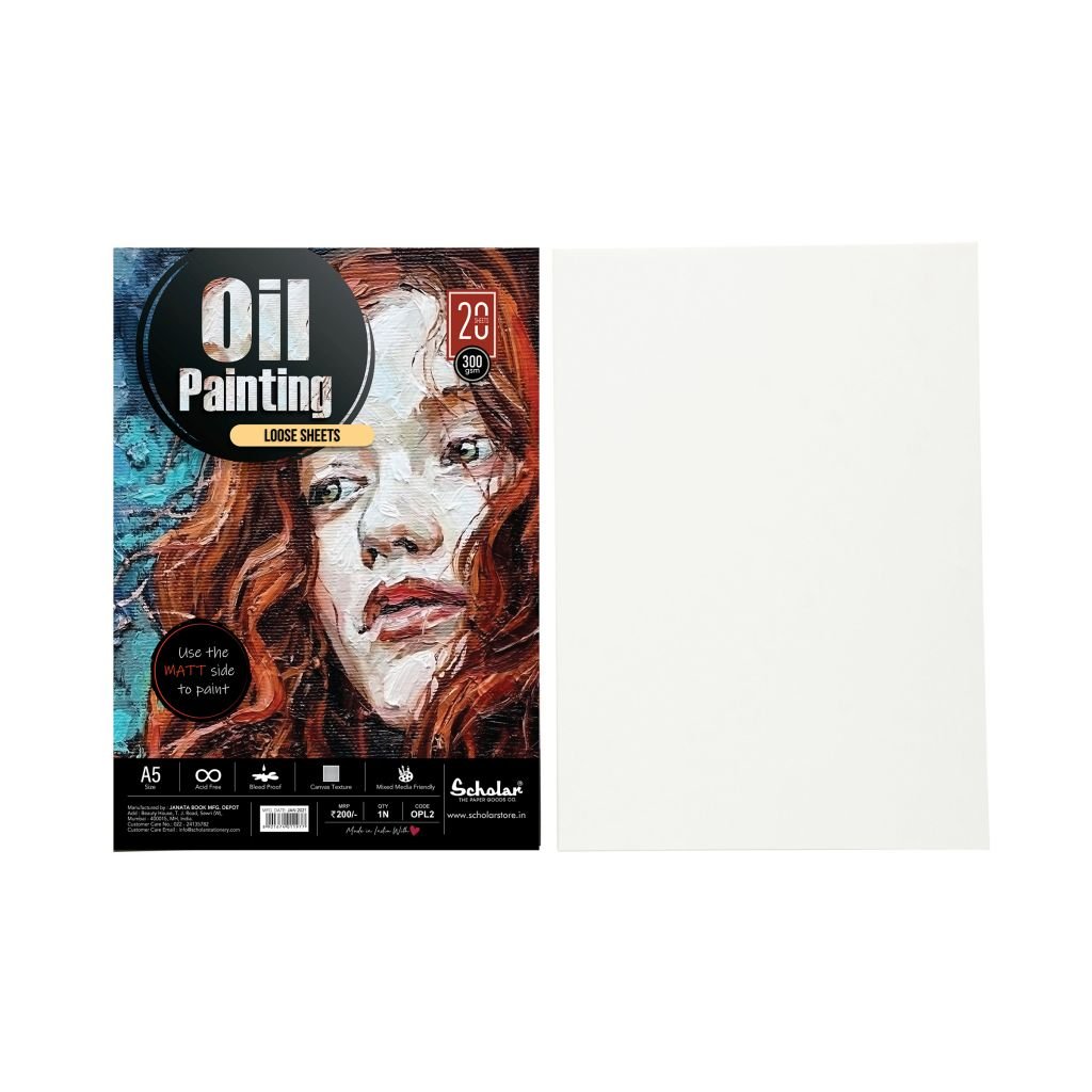 Scholar Artists' Oil Painting - A5 (14.8 cm x 21 cm or 5.8 in x 8.3 in) Natural White Canvas Texture 300 GSM, Poly Pack of 20 Sheets