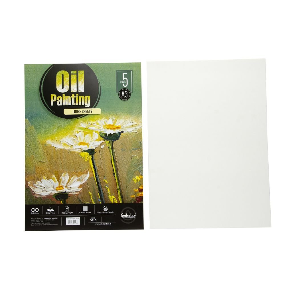 Scholar Artists' Oil Painting - A3 (29.7 cm x 42 cm or 11.7 in x 16.5 in) Natural White Canvas Texture 300 GSM, Poly Pack of 5 Sheets