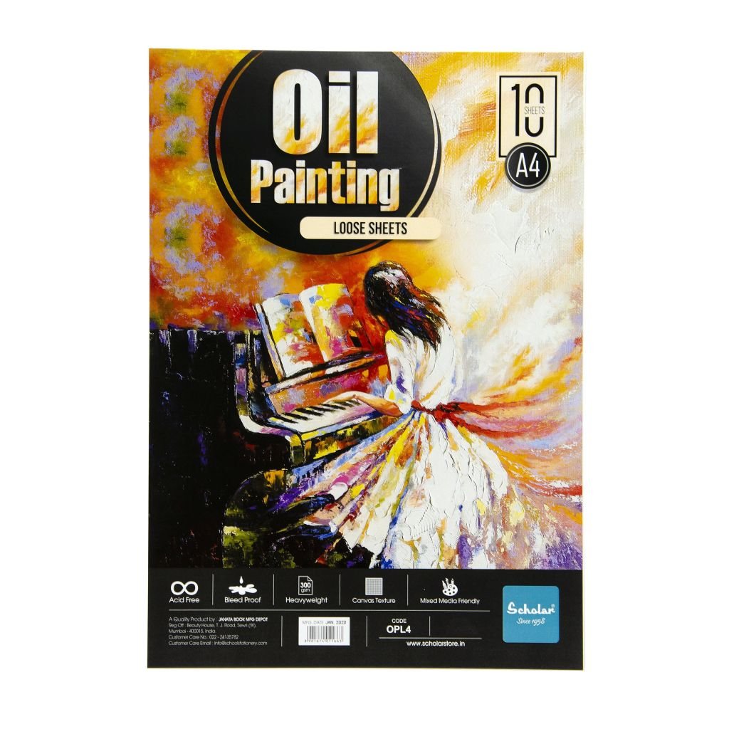 Scholar Artists' Oil Painting - A4 (29.7 cm x 21 cm or 8.3 in x 11.7 in) Natural White Canvas Texture 300 GSM, Poly Pack of 10 Sheets