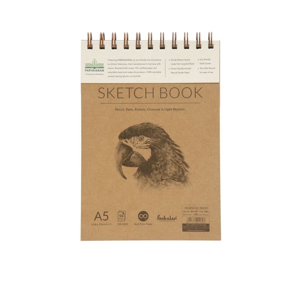 Scholar Artists' Sketch Pad Paryavaran - A5 (14.8 cm x 21 cm or 5.8 in x 8.3 in) Natural White Smooth 150 GSM, Spiral Pad of 50 Sheets