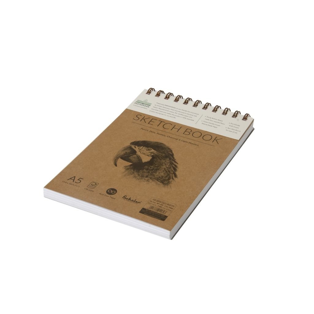 Scholar Artists' Sketch Pad Paryavaran - A5 (14.8 cm x 21 cm or 5.8 in x 8.3 in) Natural White Smooth 150 GSM, Spiral Pad of 50 Sheets