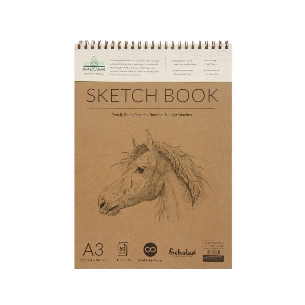 Scholar Artists' Sketch Pad Paryavaran - A3 (29.7 cm x 42 cm or 11.7 in x 16.5 in) Natural White Smooth 150 GSM, Spiral Pad of 50 Sheets