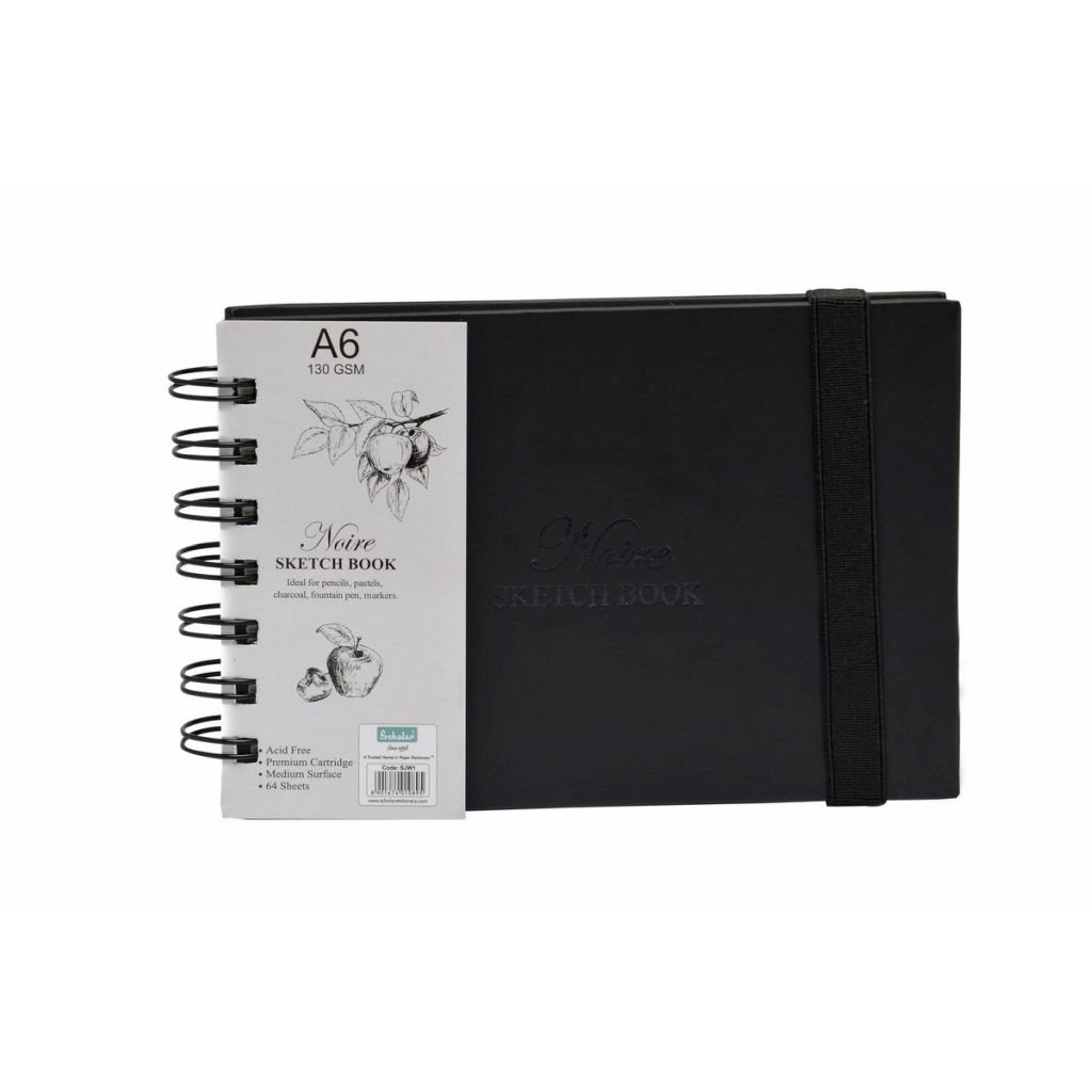 Scholar Artists' Sketch Book Noire - A6 (10.5 cm x 14.8 cm or 4.13 in x 5.8 in) Natural White Medium 130 GSM, Spiral Journal of 64 Sheets