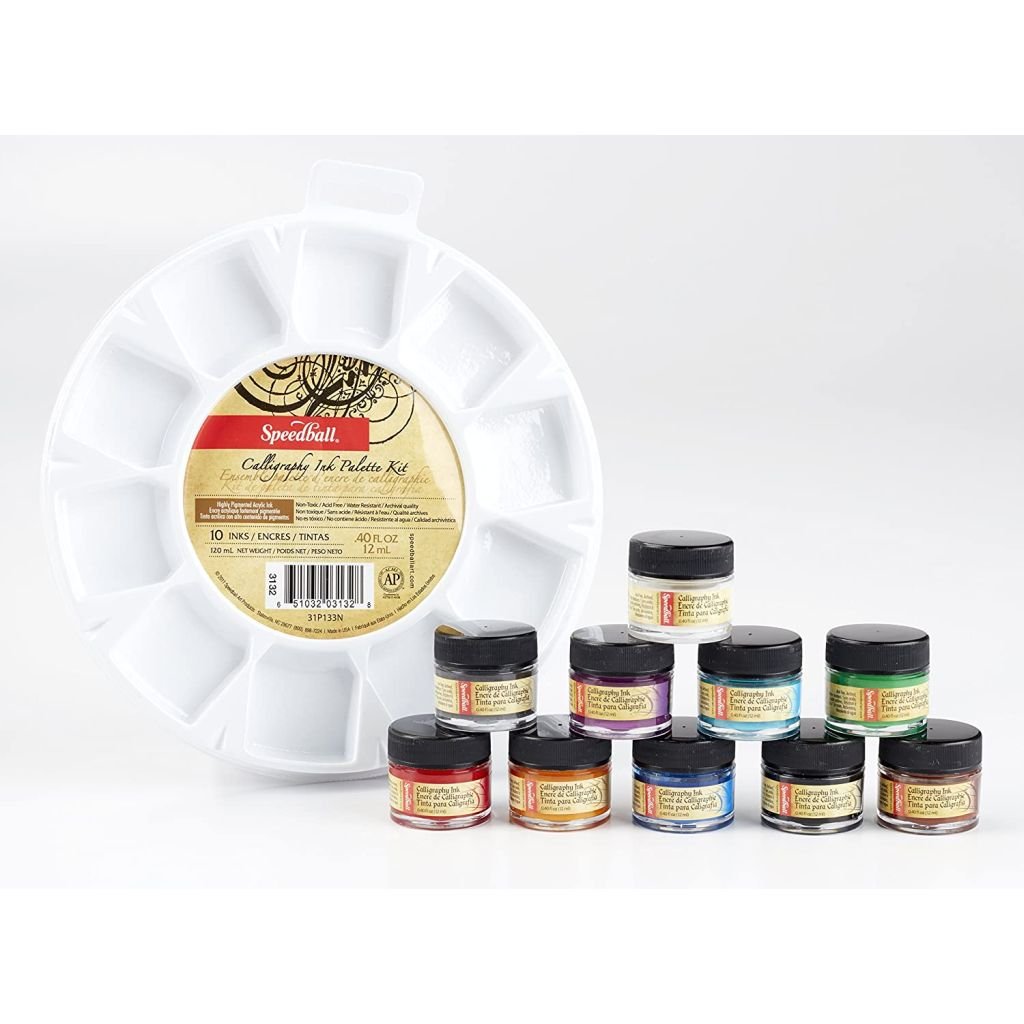 Speedball Super Pigmented Acrylic Ink - Calligraphy Ink Palette Kit - 10 x 12 ML + Plastic Palette