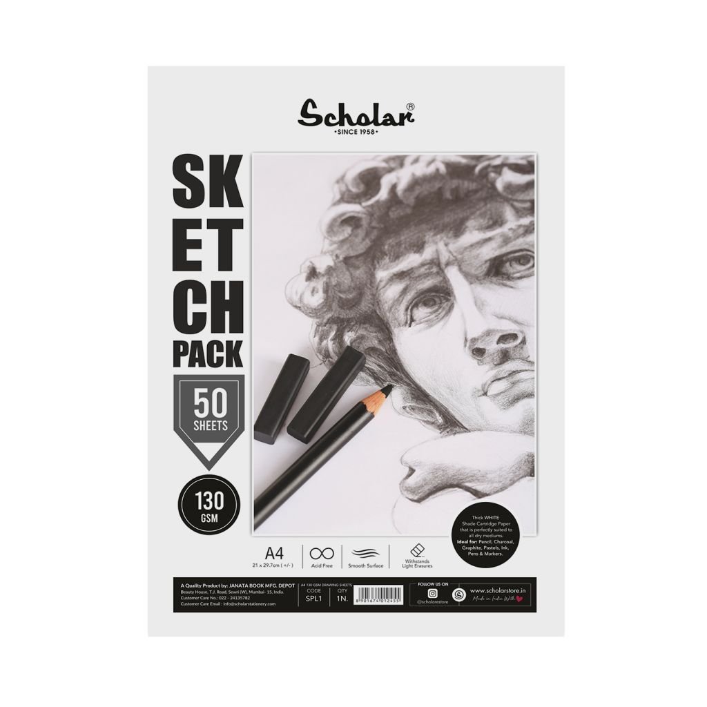 Scholar Artists' Sketch Pack - A4 (29.7 cm x 21 cm or 8.3 in x 11.7 in) White Smooth 130 GSM, Poly Pack of 50 Sheets