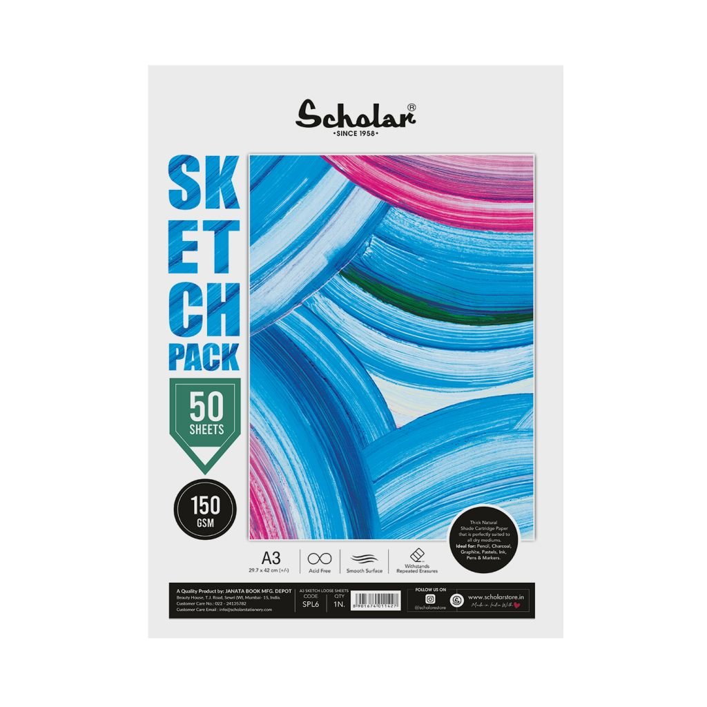 Scholar Artists' Sketch Pack - A3 (29.7 cm x 42 cm or 11.7 in x 16.5 in) Natural White Smooth 150 GSM, Poly Pack of 50 Sheets