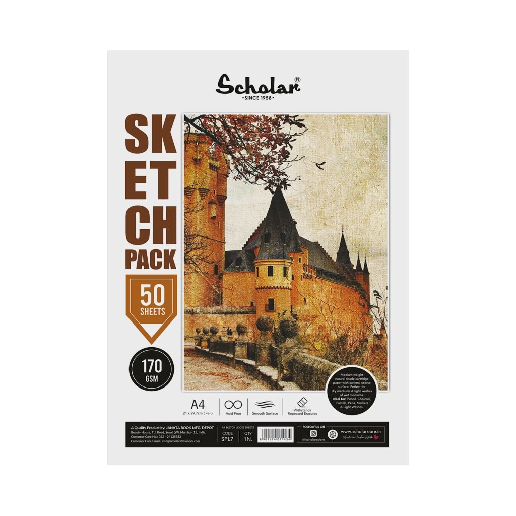 Scholar Artists' Sketch Pack - A4 (29.7 cm x 21 cm or 8.3 in x 11.7 in) Natural White Smooth 170 GSM, Poly Pack of 50 Sheets