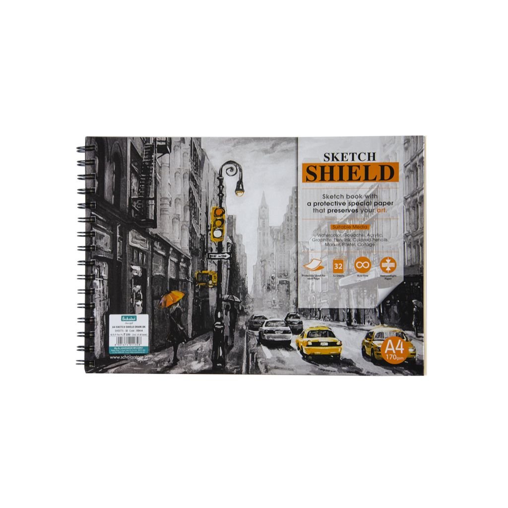Scholar Artists' Sketch Shield - A4 (29.7 cm x 21 cm or 8.3 in x 11.7 in) Natural White Medium 170 GSM, Spiral Pad of 32 Sheets