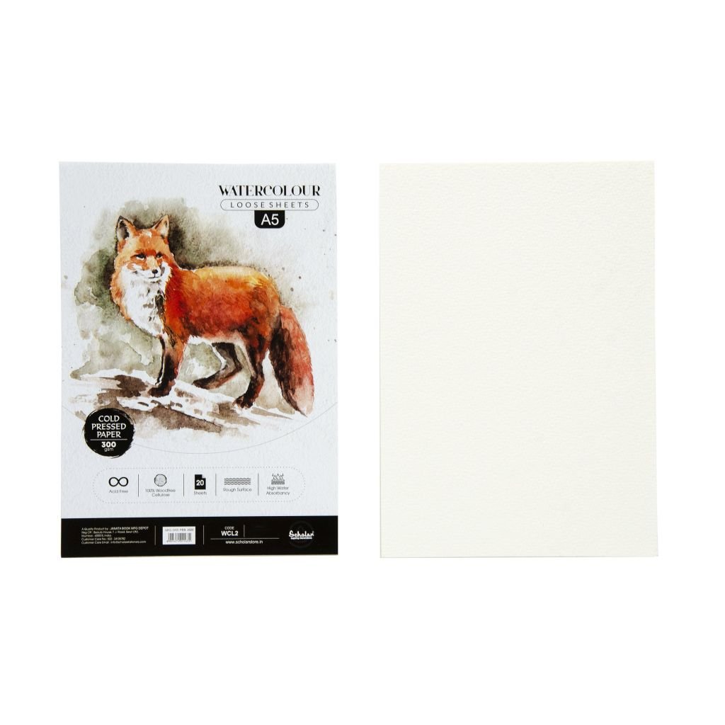 Scholar Artists' Watercolour - A5 (14.8 cm x 21 cm or 5.8 in x 8.3 in) Natural White Heavy Grain / Matt Surface / Cold Press 300 GSM 100% Wood Free Cellulose Cotton Paper, Poly Pack of 20 Sheets