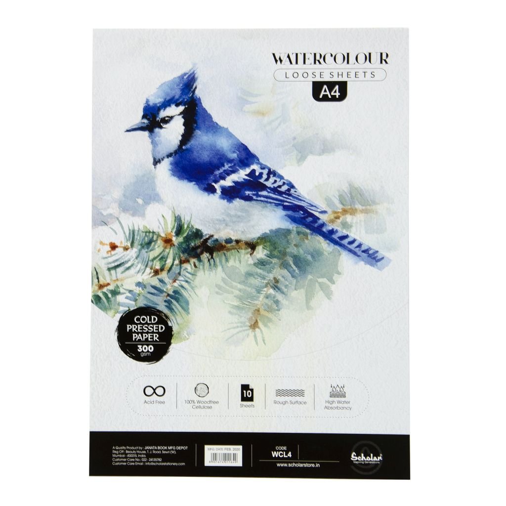 Scholar Artists' Watercolour - A4 (29.7 cm x 21 cm or 8.3 in x 11.7 in) Natural White Heavy Grain / Matt Surface / Cold Press 300 GSM 100% Wood Free Cellulose Cotton Paper, Poly Pack of 10 Sheets