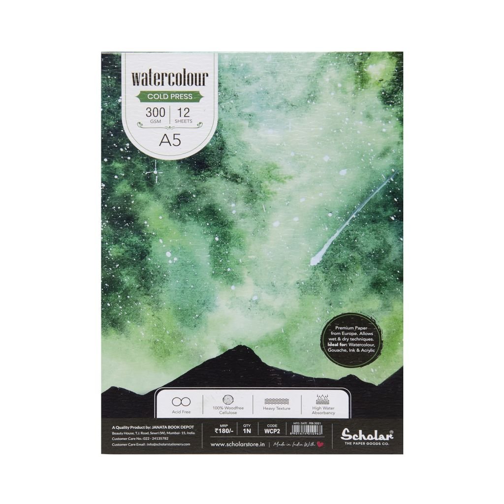 Scholar Artists' Watercolour - A5 (14.8 cm x 21 cm or 5.8 in x 8.3 in) Natural White Heavy Grain / Matt Surface / Cold Press 300 GSM 100% Wood Free Cellulose Cotton Paper, Glued Pad of 12 Sheets