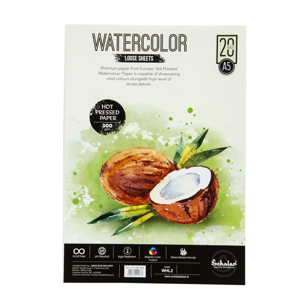 Scholar Artists' Watercolour - A5 (14.8 cm x 21 cm or 5.8 in x 8.3 in) Natural White Smooth / Hot Press 300 GSM 100% Wood Free Cellulose Cotton Paper, Poly Pack of 20 Sheets