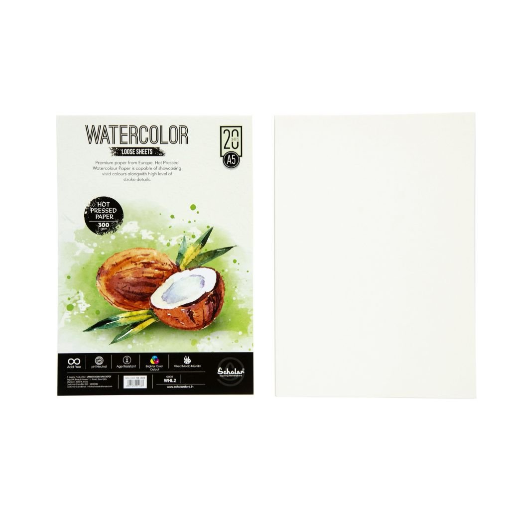 Scholar Artists' Watercolour - A5 (14.8 cm x 21 cm or 5.8 in x 8.3 in) Natural White Smooth / Hot Press 300 GSM 100% Wood Free Cellulose Cotton Paper, Poly Pack of 20 Sheets