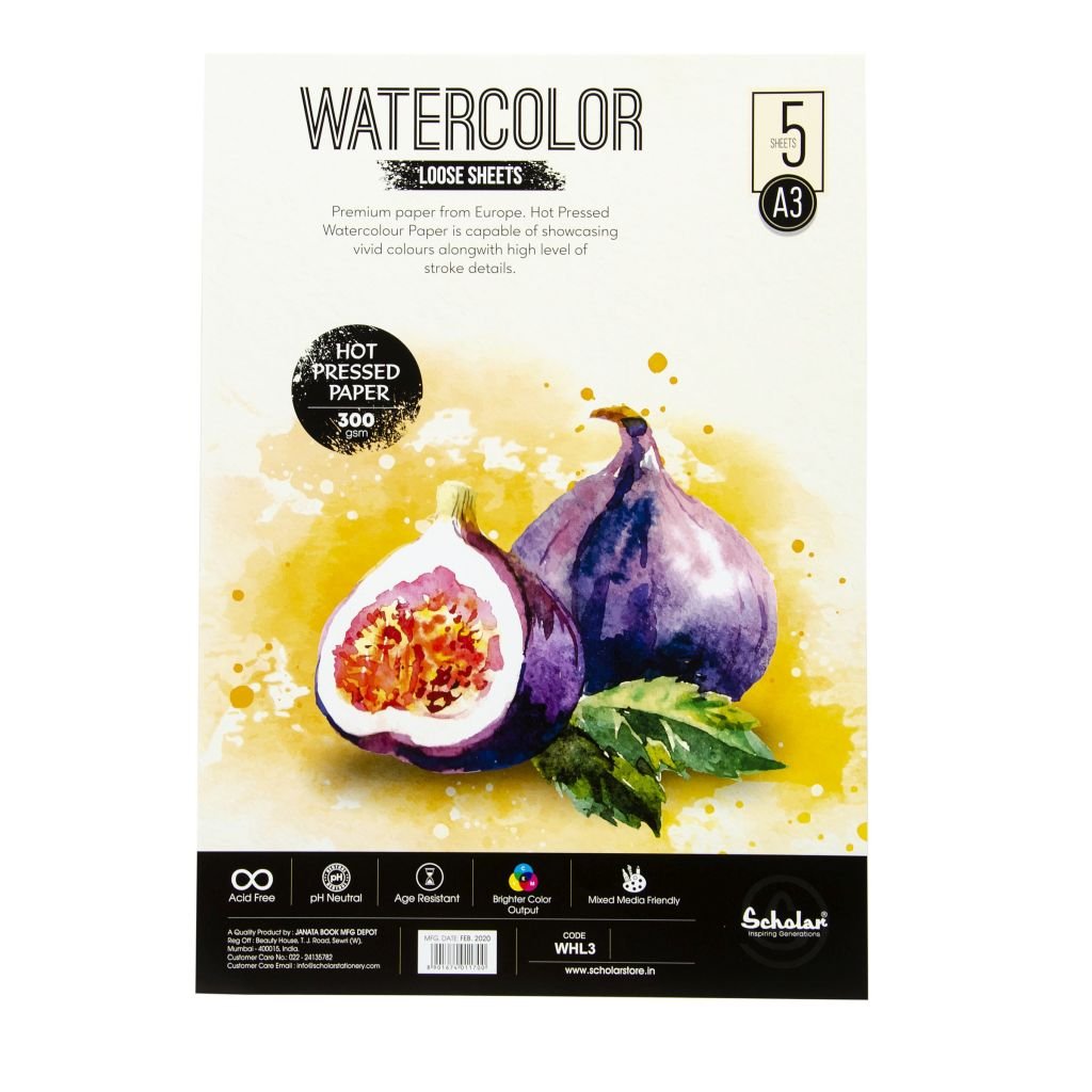 Scholar Artists' Watercolour - A3 (29.7 cm x 42 cm or 11.7 in x 16.5 in) Natural White Smooth / Hot Press 300 GSM 100% Wood Free Cellulose Cotton Paper, Poly Pack of 5 Sheets