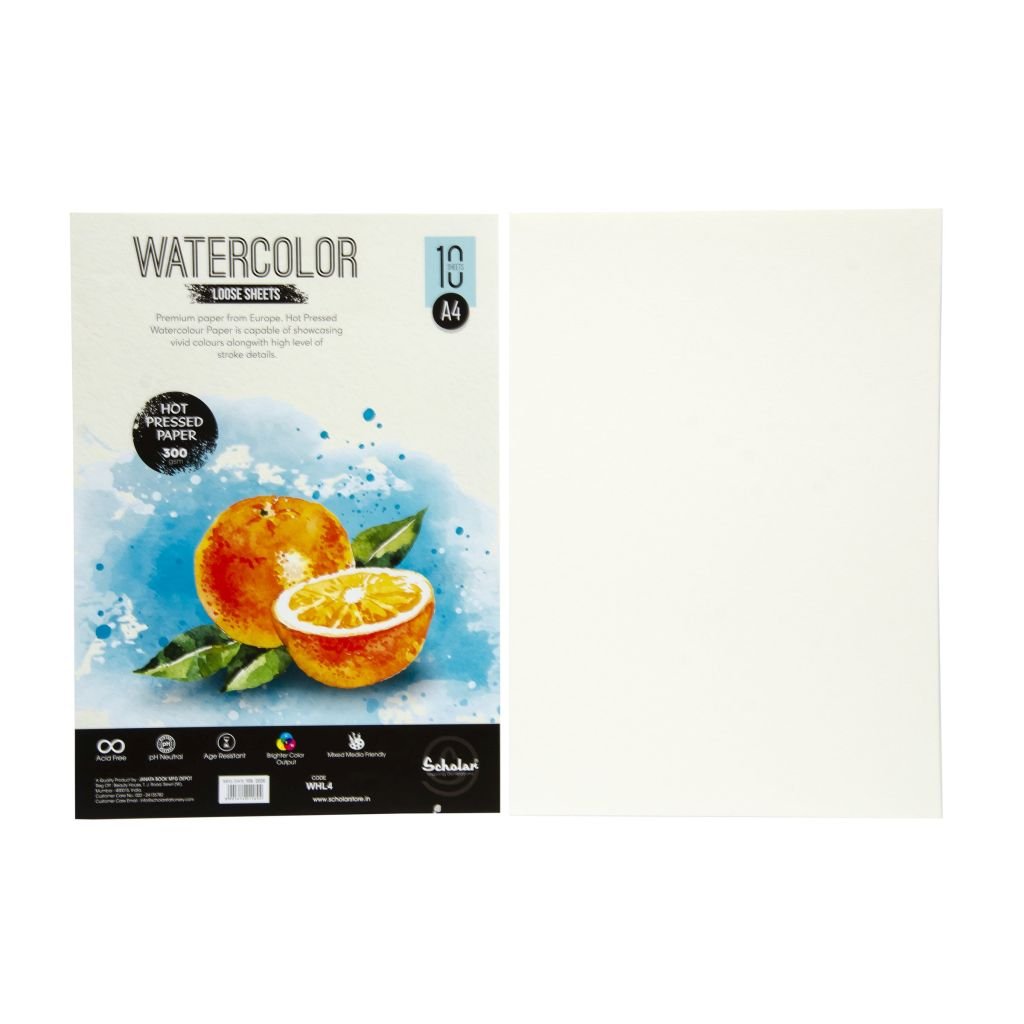 Scholar Artists' Watercolour - A4 (29.7 cm x 21 cm or 8.3 in x 11.7 in) Natural White Smooth / Hot Press 300 GSM 100% Wood Free Cellulose Cotton Paper, Poly Pack of 10 Sheets