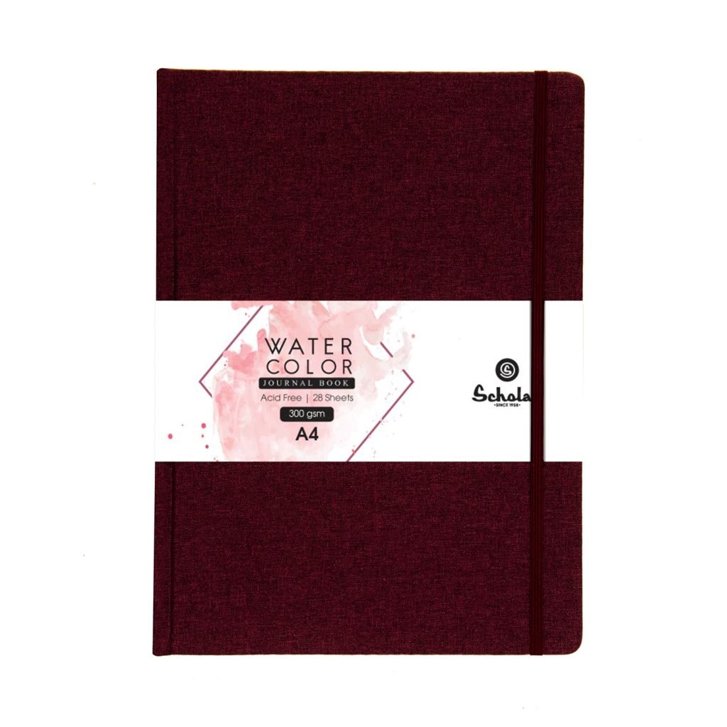 Scholar Artists' Watercolour Journal - A4 (29.7 cm x 21 cm or 8.3 in x 11.7 in) Natural White Cold Press 300 GSM, Burgundy Travel Journal of 28 Sheets