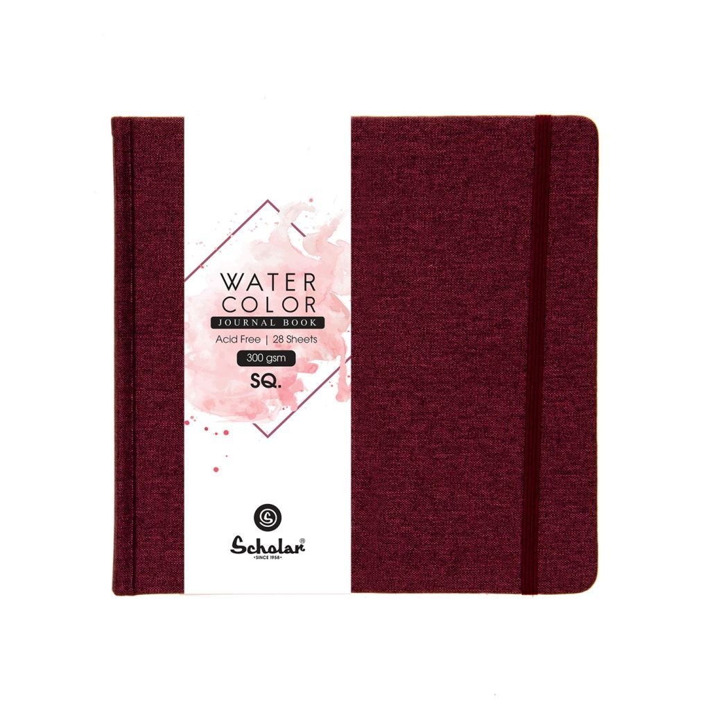 Scholar Artists' Watercolour Journal - Square (19.5 cm x 19.5 cm or 7.68 in x 7.68 in) Natural White Cold Press 300 GSM, Burgundy Travel Journal of 28 Sheets