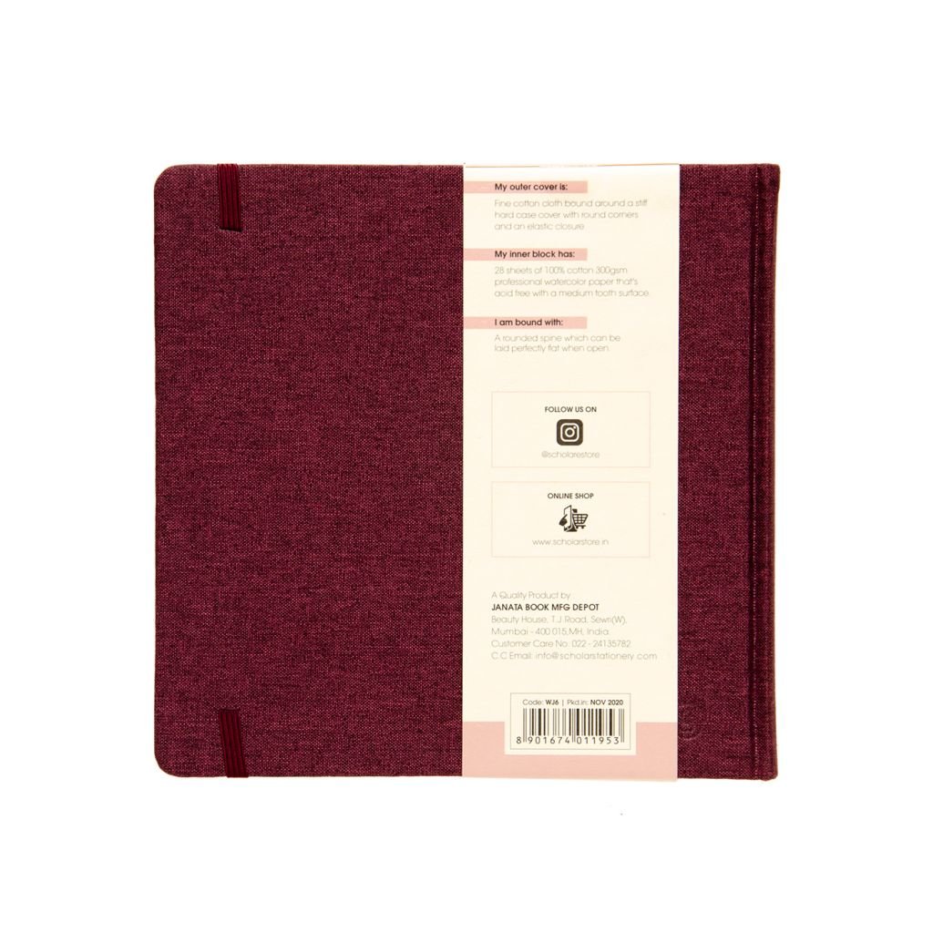 Scholar Artists' Watercolour Journal - Square (19.5 cm x 19.5 cm or 7.68 in x 7.68 in) Natural White Cold Press 300 GSM, Burgundy Travel Journal of 28 Sheets