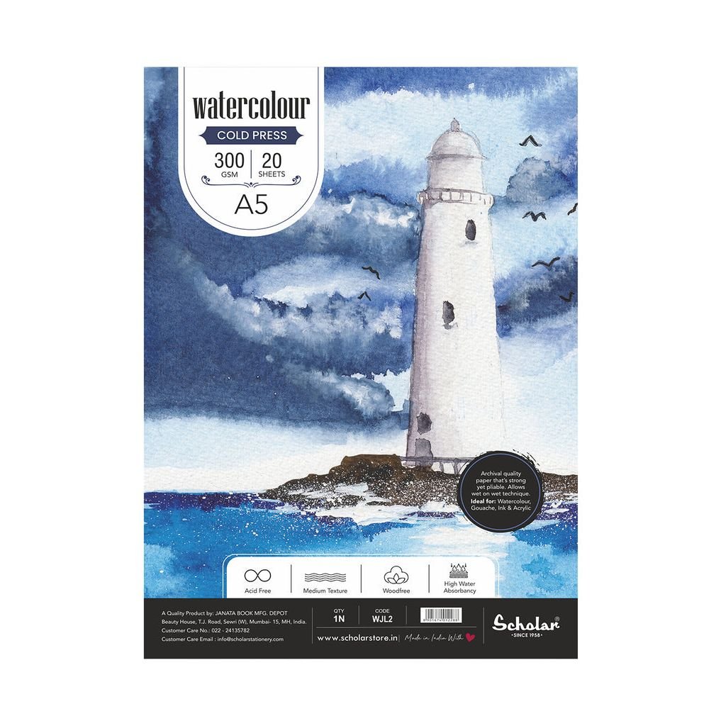 Scholar Artists' Watercolour - A5 (14.8 cm x 21 cm or 5.8 in x 8.3 in) Natural White Medium Grain / Matt Surface / Cold Press 300 GSM 100% Wood Free Cellulose Cotton Paper, Poly Pack of 20 Sheets