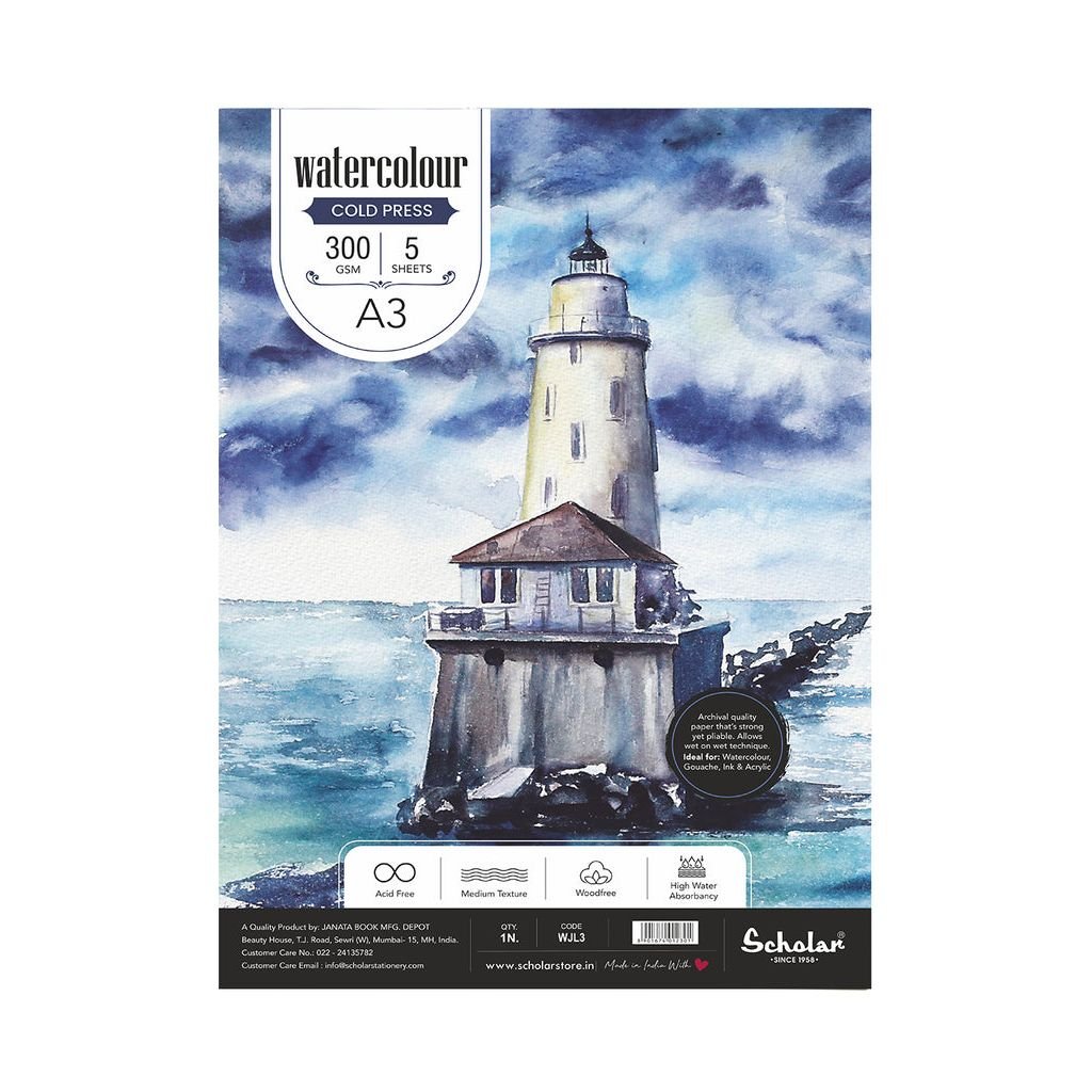 Scholar Artists' Watercolour - A3 (29.7 cm x 42 cm or 11.7 in x 16.5 in) Natural White Medium Grain / Matt Surface / Cold Press 300 GSM 100% Wood Free Cellulose Cotton Paper, Poly Pack of 5 Sheets