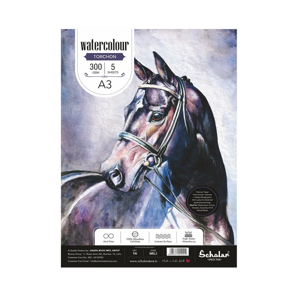 Scholar Artists' Watercolour - A3 (29.7 cm x 42 cm or 11.7 in x 16.5 in) Natural White Rough Grain 300 GSM 100% Wood Free Cellulose Cotton Paper, Poly Pack of 5 Sheets