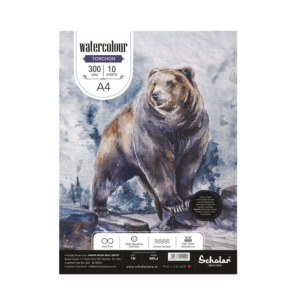 Scholar Artists' Watercolour - A4 (29.7 cm x 21 cm or 8.3 in x 11.7 in) Natural White Rough Grain 300 GSM 100% Wood Free Cellulose Cotton Paper, Poly Pack of 10 Sheets