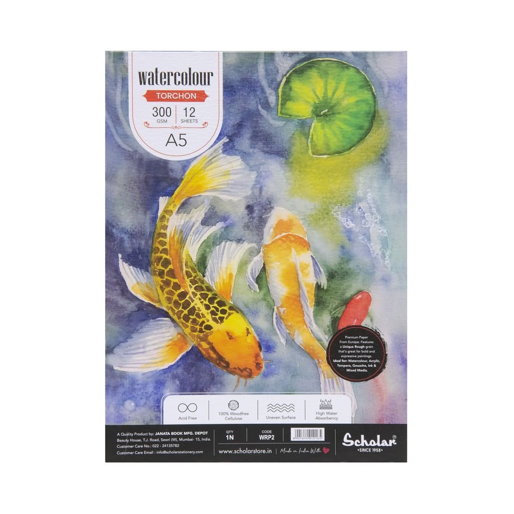 Scholar Artists' Watercolour - A5 (14.8 cm x 21 cm or 5.8 in x 8.3 in) Natural White Rough Grain 300 GSM 100% Wood Free Cellulose Cotton Paper, Glued Pad of 12 Sheets