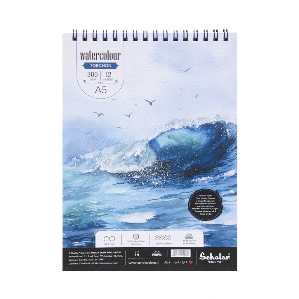 Scholar Artists' Watercolour - A5 (14.8 cm x 21 cm or 5.8 in x 8.3 in) Natural White Rough Grain 300 GSM 100% Wood Free Cellulose Cotton Paper, Wiro Spiral Pad of 12 Sheets