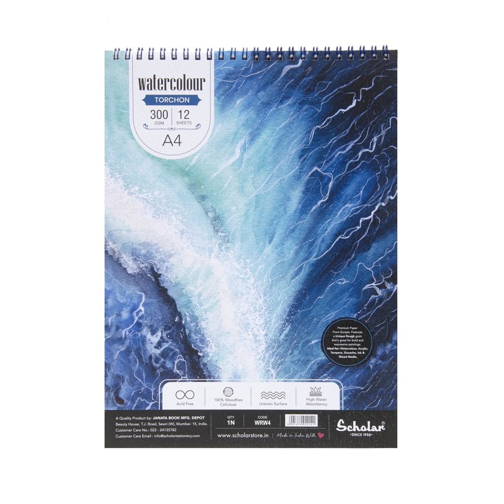 Scholar Artists' Watercolour - A4 (29.7 cm x 21 cm or 8.3 in x 11.7 in) Natural White Rough Grain 300 GSM 100% Wood Free Cellulose Cotton Paper, Wiro Spiral Pad of 12 Sheets