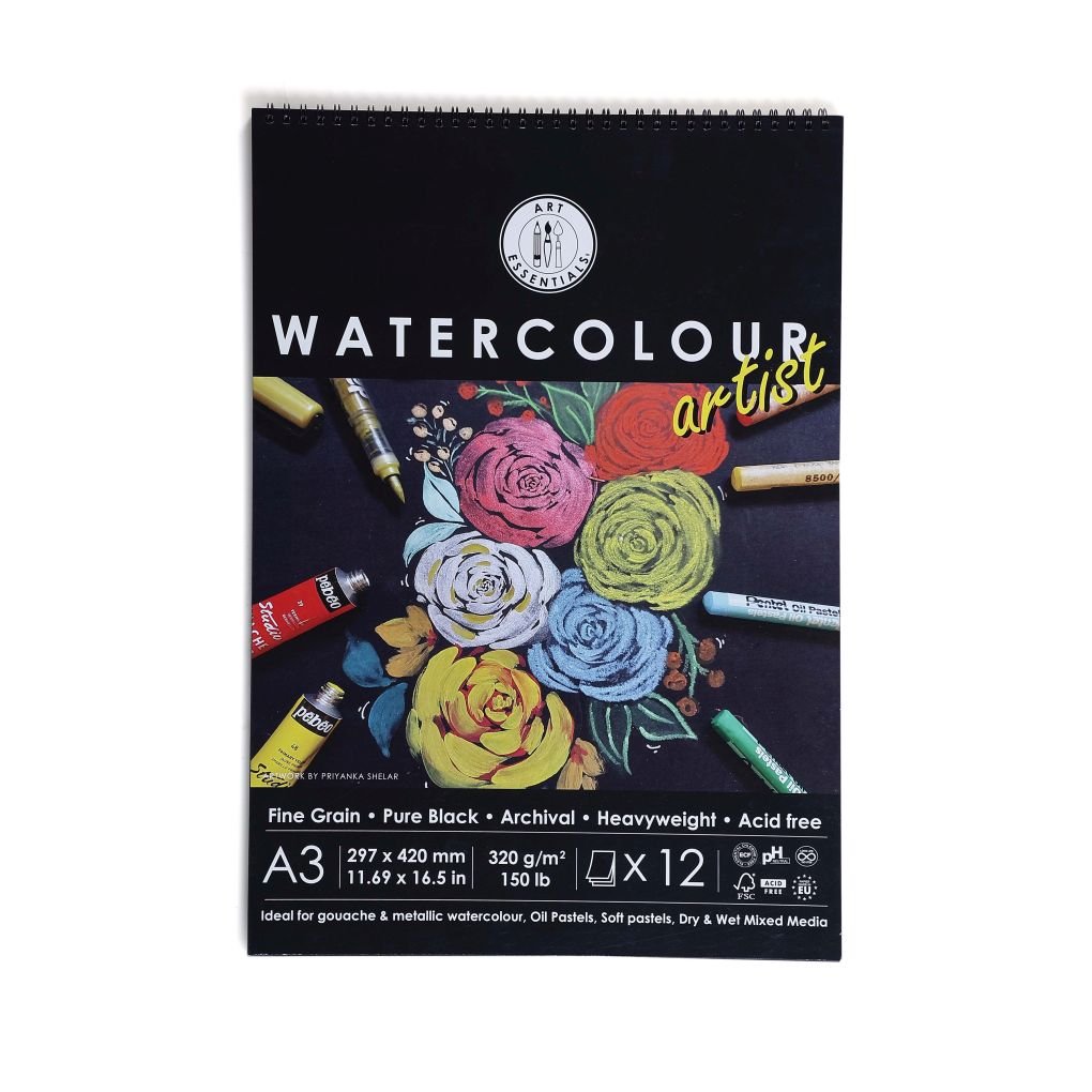 Art Essentials Black Artist Watercolour Paper - Fine Grain 320 GSM - A3 - Spiral Pad of 12 Sheets