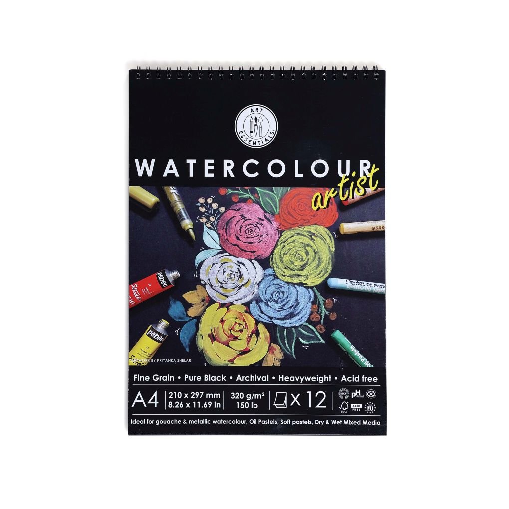 Art Essentials Black Artist Watercolour Paper - Fine Grain 320 GSM - A4 - Spiral Pad of 12 Sheets