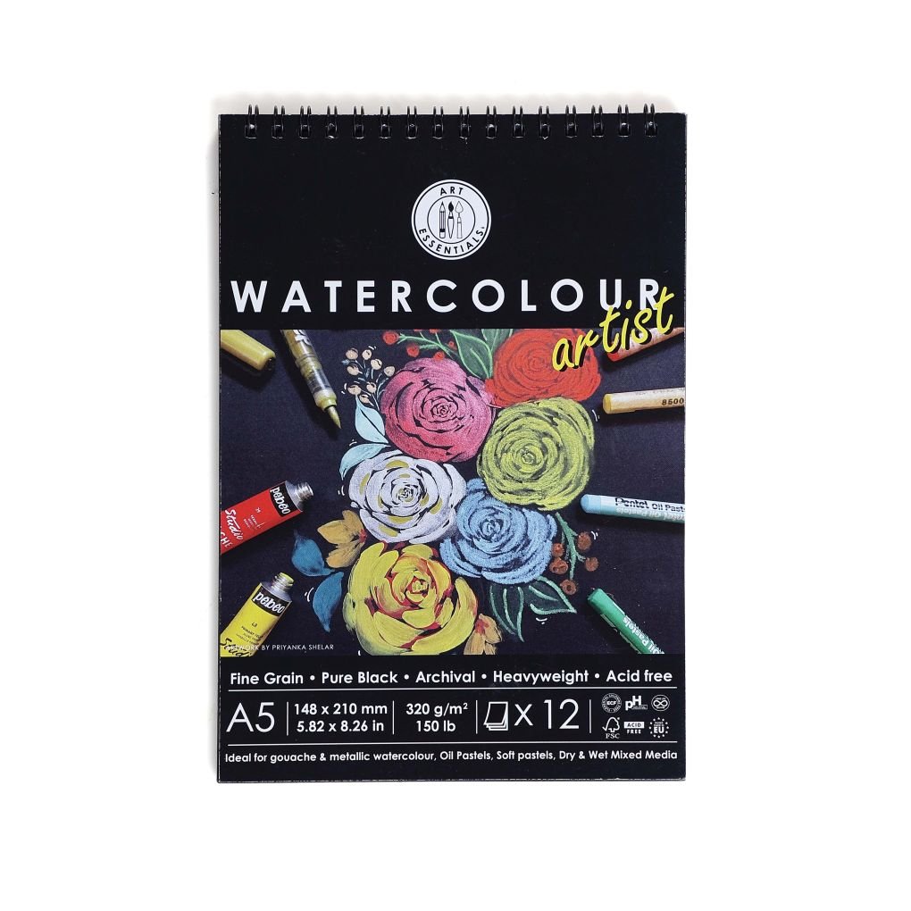 Art Essentials Black Artist Watercolour Paper - Fine Grain 320 GSM - A5 - Spiral Pad of 12 Sheets