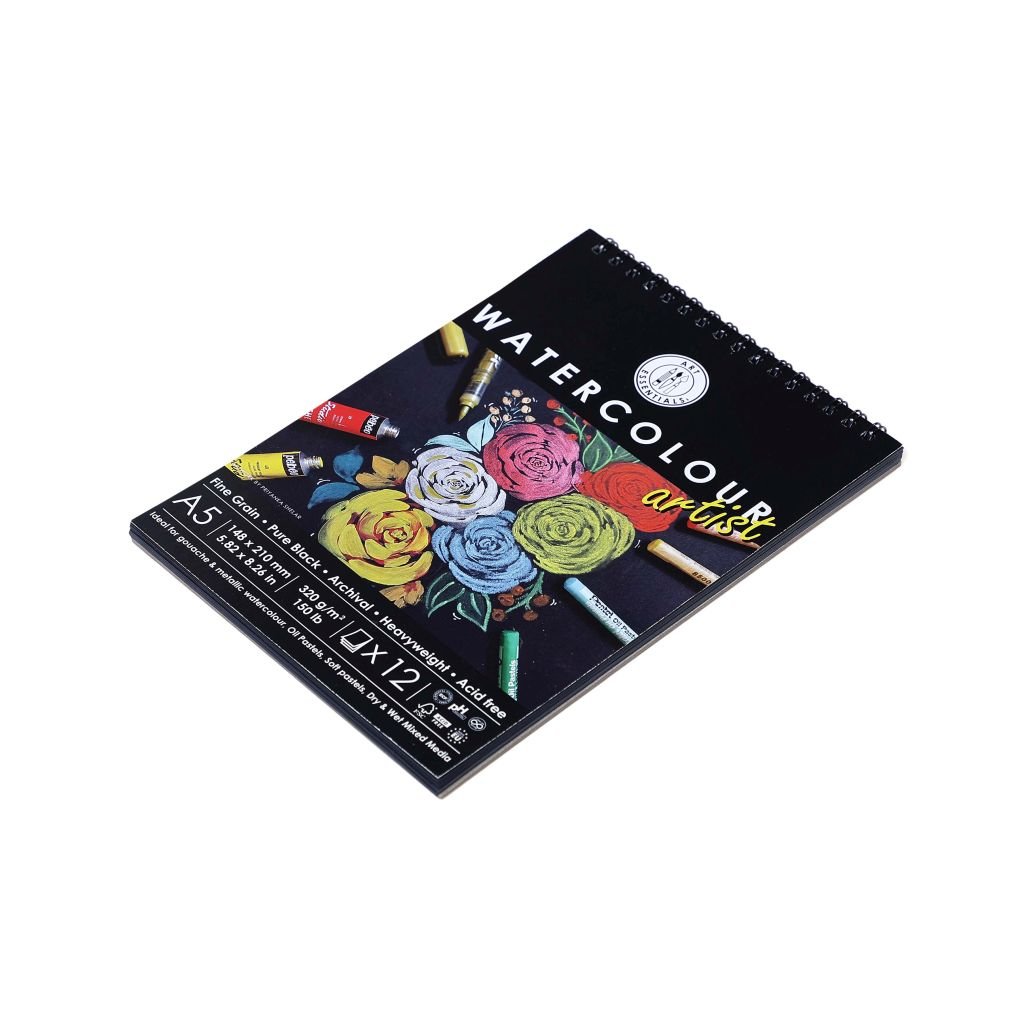 Art Essentials Black Artist Watercolour Paper - Fine Grain 320 GSM - A5 - Spiral Pad of 12 Sheets