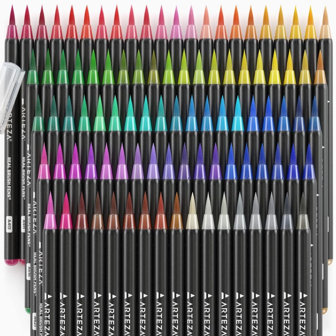 Arteza Premium Real Brush Pens - Water-Based Ink / Blendable - Assorted Set of 96