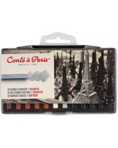 Conte a' Paris Sketching Carres Crayons - Assorted - 12 Sketching Crayons - Metal Box