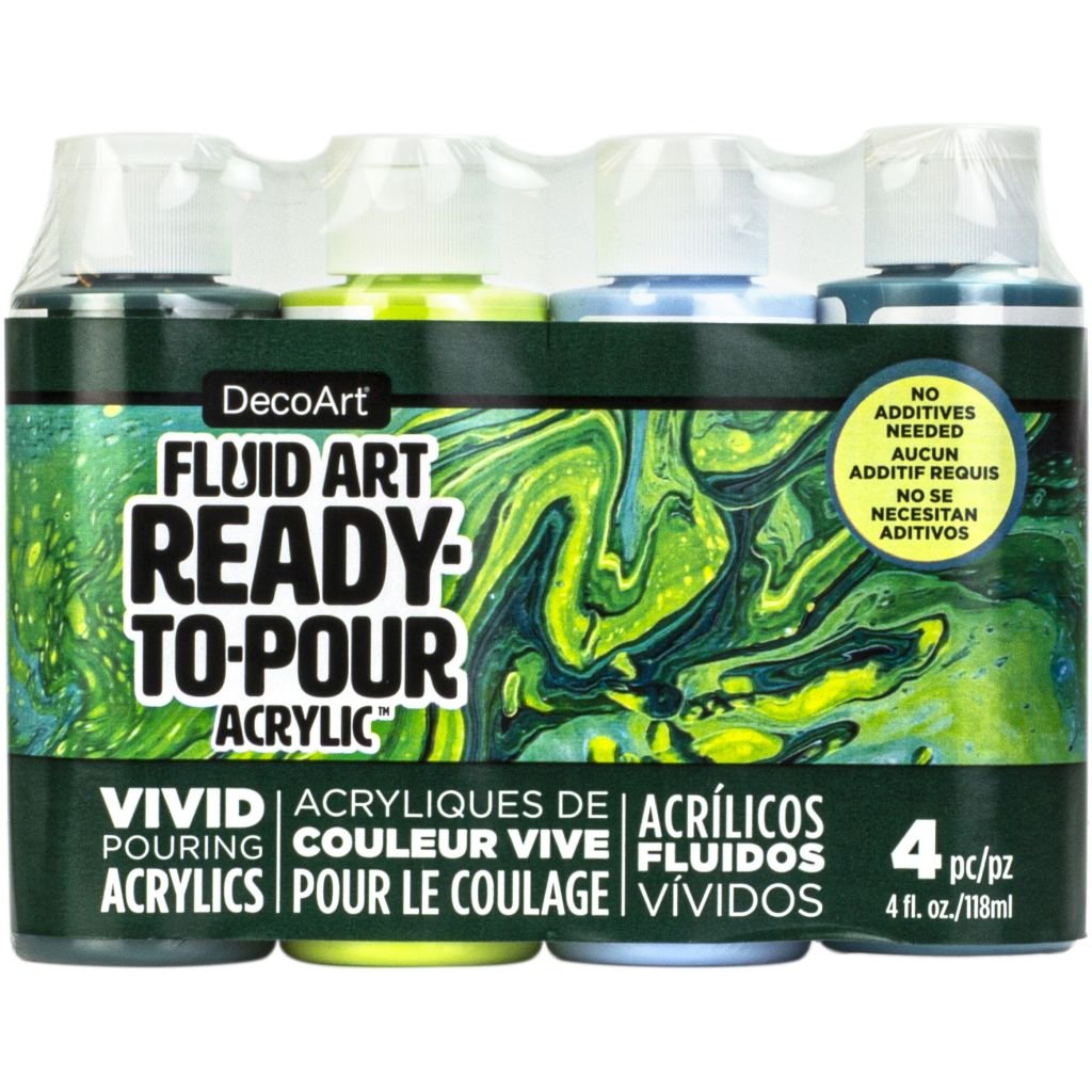 DecoArt FluidArt - Ready-to-Pour Acrylic Paint - Value Pack of 4 Colours x 118 ML - Jungle