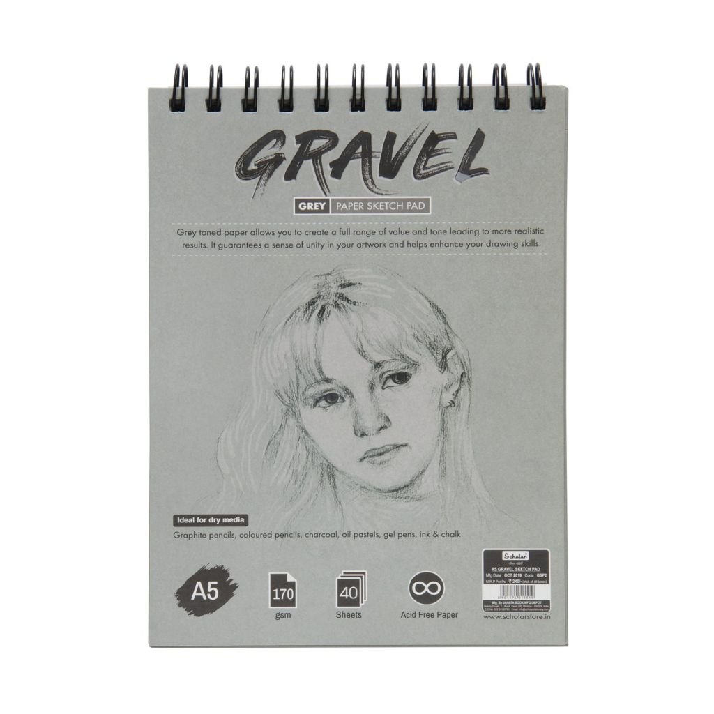 Scholar Artists' Toned Paper Gravel - A5 (14.8 cm x 21 cm or 5.8 in x 8.3 in) Grey Smooth 170 GSM, Glued Pad of 40 Sheets
