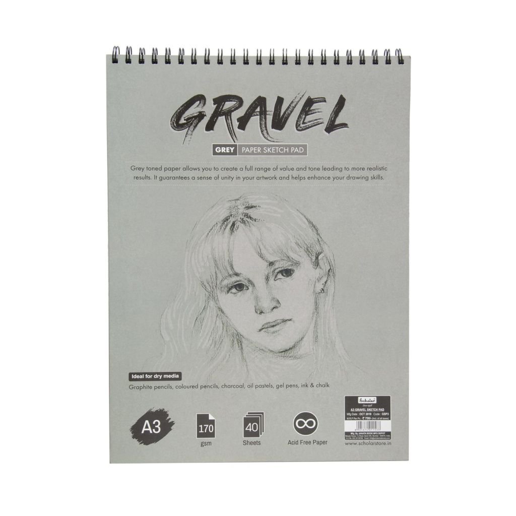 Scholar Artists' Toned Paper Gravel - A3 (29.7 cm x 42 cm or 11.7 in x 16.5 in) Grey Smooth 170 GSM, Glued Pad of 40 Sheets