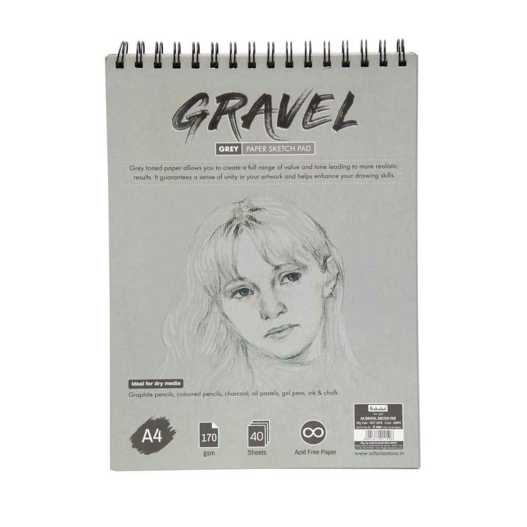 Scholar Artists' Toned Paper Gravel - A4 (29.7 cm x 21 cm or 8.3 in x 11.7 in) Grey Smooth 170 GSM, Glued Pad of 40 Sheets