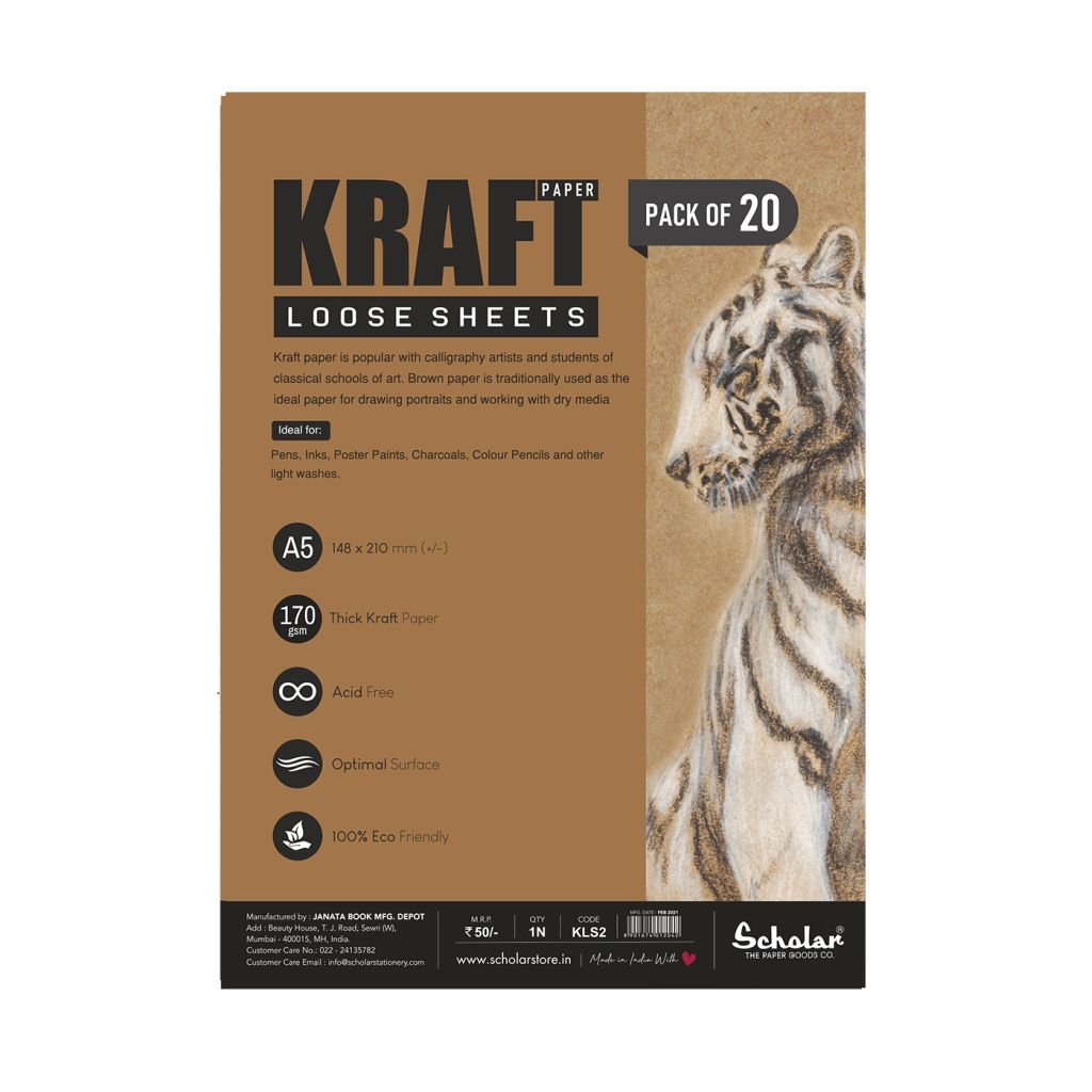 Scholar Artists' Toned Paper Kraft - A5 (14.8 cm x 21 cm or 5.8 in x 8.3 in) Sahara Fibrous Texture 170 GSM, Poly Pack of 20 Sheets