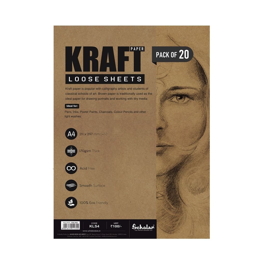 Scholar Artists' Toned Paper Kraft - A4 (29.7 cm x 21 cm or 8.3 in x 11.7 in) Sahara Fibrous Texture 170 GSM, Poly Pack of 20 Sheets