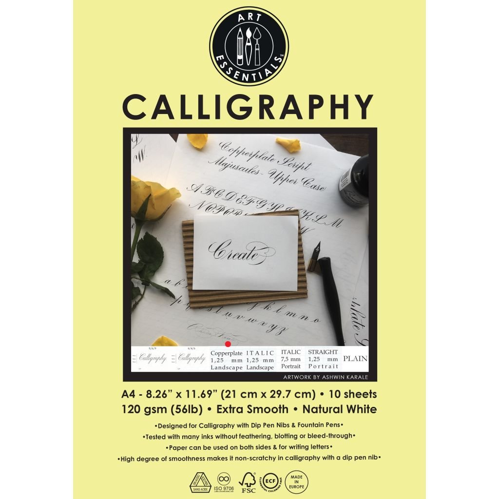 Art Essentials Calligraphy - 1.25 mm Copperplate, Spencerian Landscape - A4 (21 cm x 29.7 cm) Natural White Extra Smooth 120 GSM Paper, Polypack of 10 Sheets